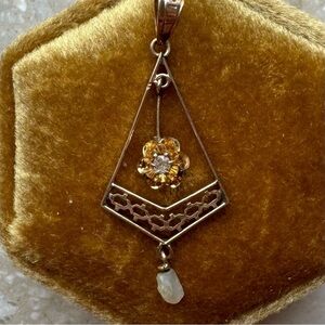 Baroque Pearl Victorian Buttercup Diamond Lavalier Pendant Necklace
